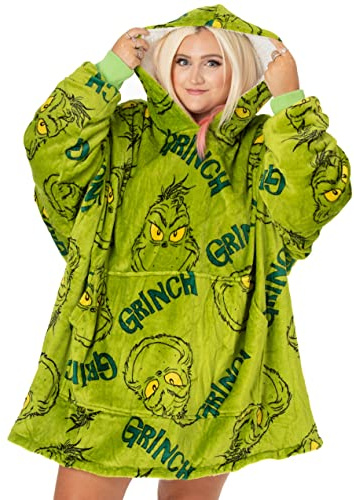 The Grinch Couverture surdimensionnée Sweat à capuche Adultes | Pull portable unisexe pour hommes et femmes, personnage d'animation de film festif, VUddie | Pull vert taille unique avec poche