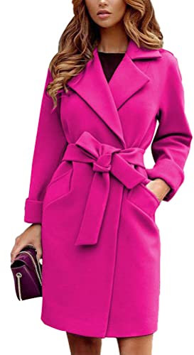shownicer Manteau Femme Col Montant Manteau en Laine Long avec Ceinture Poche Élégant Couleur Unie Col Rabattu Manteau d'automne Et d'hiver A Rose S