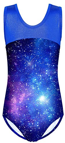 HUAANIUE Mädchen Kinder Gymnastikanzug Trikots Ärmelloses Tanzkostüm 3-14 Jahre (B256-Blaue Galaxie, 4-5 Jahre)