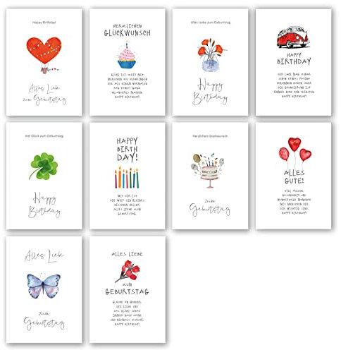 Meridian Design Geburtstagskarten, Happy Birthday Klappkarten im 10er Set mit Briefumschlag, Grusskarte zum Geburtstag, 10 Glückwunschkarten in Premium Qualität, kreative Geschenkkarten