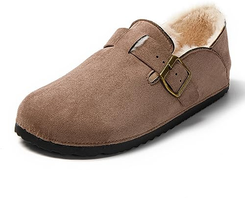 JOMIX Zapatillas Casa Invierno de Felpa Pantuflas Mocasines para Mujer con Hebilla Interior Exterior, Caqui, 39 EU