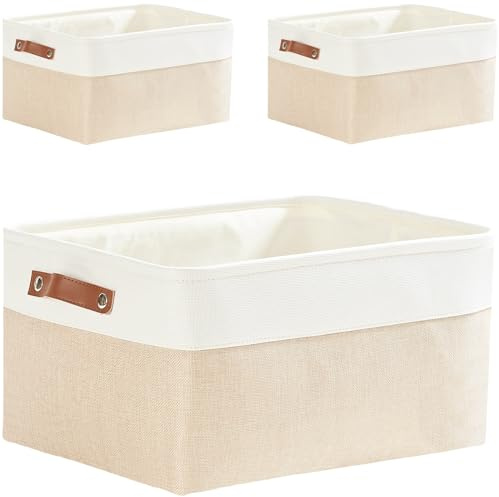 Mangata Fabric Storage Boxes, Thickened Canvas Storage Baskets with Handle for Shelves, Clothes Toys(L, Khaki/White, without Drawstring,3 Pcs)