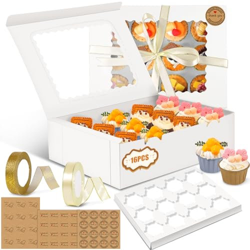 POWZOO Pack of 16 Cupcake Boxes,Cupcake Muffin Box with Window(25 * 32.5 * 9cm),Paper Boxes for Pastries,with Rope and Stickers,Ideal for Cake Decorating and Cupcake Transport Box.(White,12 Holes)