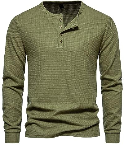 MakingDa Waffle Henley T-Shirt für Herren, langärmelig, schmale Passform, Großvater-Kragen, Knopfleiste, armee-grün, S