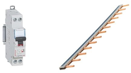 LEGRAND - Disjoncteur Phase + Neutre 230V DNX³ - Pouvoir de Coupure 3000A - 16A Courbe C - Bornes à Vis - 1 Module - Fabriqué En France & Peigne 13 modules noir/blanc longueur 220mm