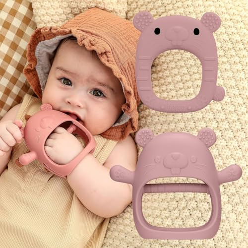 2pcs Silicone Baby Teething Toys, Self-Soothing Healthy Oral Development Teething Mittens, BPA Free, Anti-Drop, Adorable and Colorful Baby Chew Toys for Sucking Needs (Dark Pink)