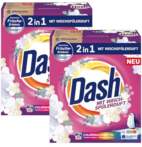 Dash 2 in 1 Colorwaschmittel mit Weichspülerduft, Pulver – 2 x 3 kg (ca. 100 Waschladungen)