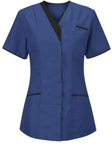 Blouse Medicale Chemise pour Femmes avec Col en V Et Poches Multiples pour Uniforme Médical Doux Et Confortable Bleu M