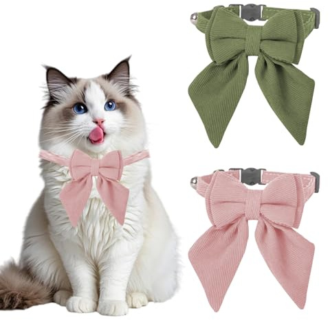 BSITSSS 2 Pièces Collier Chats, Vert Rose Collier Chiot, 20-30 cm Réglable Collier pour Chat avec Grand Nœud Papillon et Cloche pour Chaton Chiot