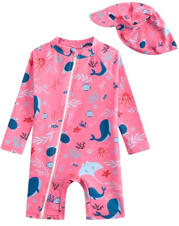 DivingBirds Traje de baño de manga larga para bebé niña con sombrero de sol, traje de baño de una pieza con protección solar y cremallera, 3 meses-3T, Ballena (Whale), 2-3 años