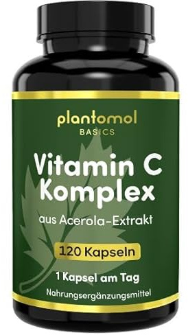 Acerola Vitamin C hochdosiert - 650mg Acerola Kapseln - 162,5mg natürliches Vitamin C pro Kapsel - Komplex mit Quercetin Papain Spirulina - 4 Monatsvorrat - plantomol® Basics