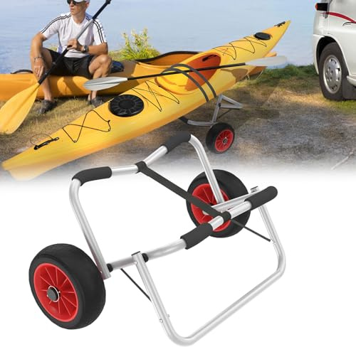 AufuN Carro de kayak, 100 kg, plegable de aluminio, carro de transporte con 2 ruedas de poliuretano y correas tensoras, carro de transporte, para botes inflables, canoa, kaya, paddleboards, botes Jon