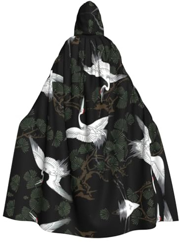 RRhgipp Mantello con cappuccio giapponese con gru e pino, mantello lungo da strega, strega, vampiro, carnevale, Halloween, costume da mago, 147,3 cm