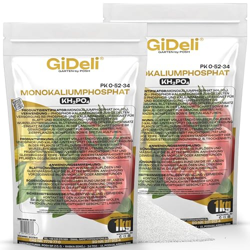 GiDeli Kaliumfosfat Kristallint Vattenlösligt 2x1kg - Bladgödsel och Markgödsel för Blomning och Fruktsättning - Löses Helt Utan Rester - till Grönsaker Fruktträd Prydnadsväxter och Barrträd