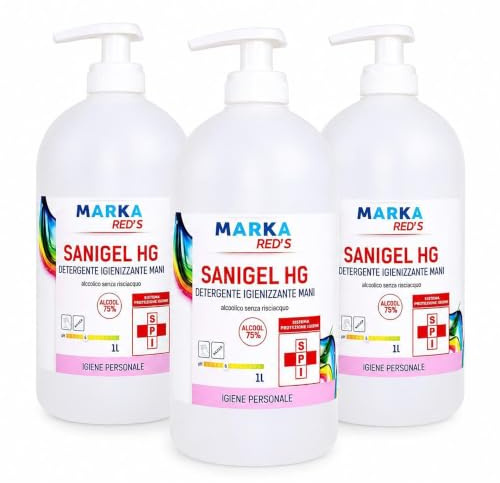 Gel Igienizzante Mani 75% Alcol - Senza Risciacquo con Glicerina - Dermatologicamente Testato - Confezione 3 Flaconi da 1L con Dispenser