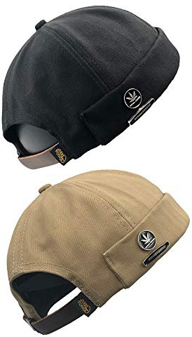 jerague Cotton Brimless Docker Cap Adjustable Street Casual Lovers Visor-Less Sailor Skullcap Beanie Hat, A-Black/Khaki(2 Pack), One Size