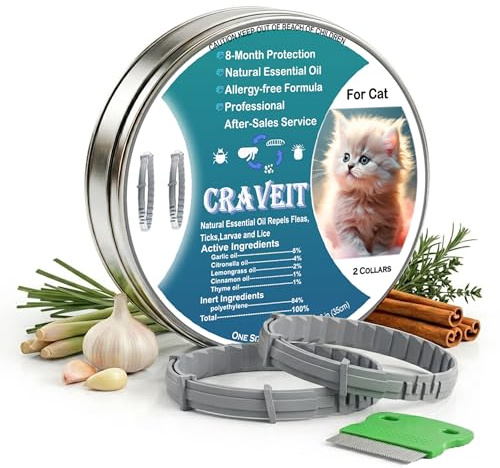 Craveit Cat Flea Collar, 2 Pack Flea Collar for Cats, Gentle Plant-Based Tick Repellent for cat, Waterproof & Adjustable, 8-Month Long-Lasting Defense