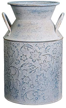 Fauevav Galvanized Milk Can Antique Retro Vase Metal Planter Rustic Vintage Primitive Flower Holder Farmhouse Country Plant for Home Office Decor, 9.4”