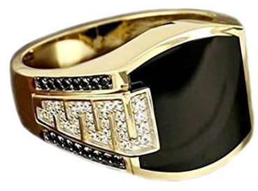 Fashion Cuban Link Chain Ring Classic Retro Color-Preserving 18K Gold Plated with Black Agate, Luxury Fashion Successful Gentleman Diamond Ring Hip Hop Ring for Men (9)
