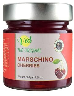 Ved Gourmet Original Red Marasquin Cerises - Cerise Italienne pour Cocktails à l'Ancienne - Cocktail Vegan, Cerises Bourbon au Sirop Naturel pour Garniture Cocktail (300 g (paquet de 1))