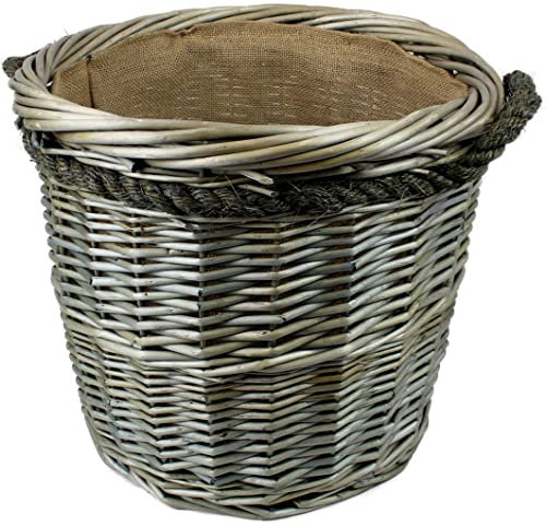 Round Grey & Antiqued Wicker log baskets. Hessian lined. Wood & kindling storage for home hearths and fireplace. Large wood burner bin (Rope Handle, 40cm)