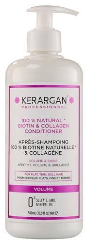 Kerargan - Acondicionador Voluminizador con Biotina & Colágeno - Para Cabellos Planos, Finos, Apagados - Hidratante, Fortalecedor - Sin Sulfato, GMO, Aceite Mineral - 500ml