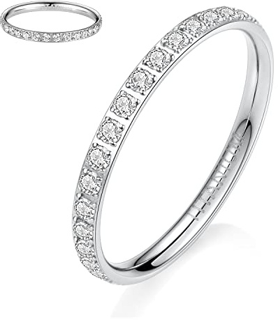 hengkaixuan Titanium Wedding Ring Eternity Ring Engagement Band Silver 2mm Women Full Cubic Zirconia Anniversary Wedding Band Stackable Ring Memoir Ring for Women Men Girls Size 5