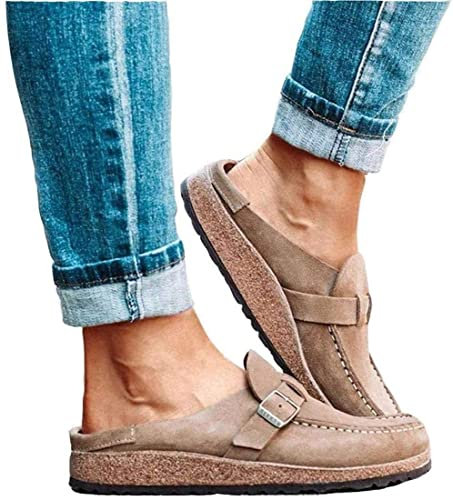 Sandalias Planas para Mujer Zuecos de Verano Zapatilla Plana de Gamuza Punta Redonda Sin Respaldo Resbalón en los Zapatos Mocasines Cómodos Zapatos de Barco de Moda para Mujer con Punta Cerrada