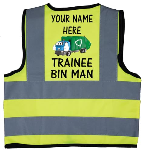 Personalised Trainee Bin Man Baby Children Kids Hi Vis Safety Jacket Vest Sizes 4-6 Years Yellow Optional Text On Front