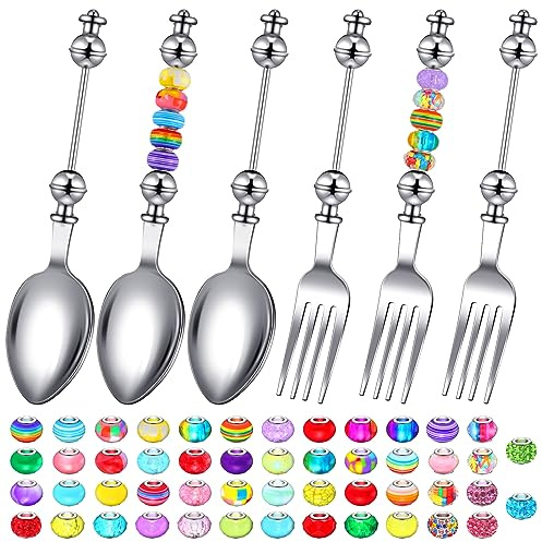 Lasnten 6 Pcs Beadable Spoon Set with 50 Assorted Large Hole Beads DIY Decorative Stainless Steel Spoons Beadable Items for Charcuterie Board Wedding Party Favors Bead Project
