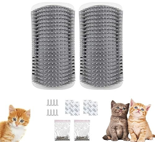 2 Stück Katze Selbst Groomer, Katzenbürste Wand Ecke, Eck-Massagekamm, Massage Ecke Katze, Katzen Bürste Self Groomer, für Langhaar Kurzhaar Katze Massage, mit Katzenminze & Schrauben, Grau