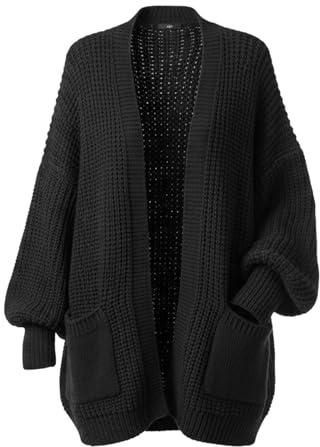 RAYMSTER Balloon Sleeve Short Women's Cardigan - Open Front Breathable Fabric with Two Pockets & Puff Sleeves - Oversized Chunky Knitted Women’s Cardigans in Loose Fit - Multiple Colors & Sizes Black