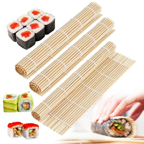 VMUTGA 3 Stück Sushi Matte, Bambus Rollen, 24 * 24cm Rollmatte Im Japanischen Stil, Natürliche Bambusrolle für Maki, für Anfänger und Profis in der Zubereitung