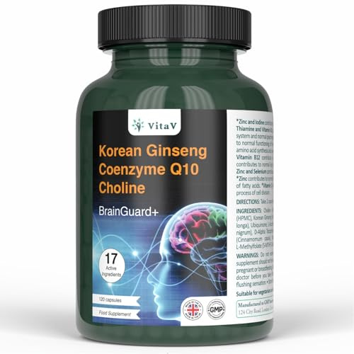 VitaV BrainGuard+ Korean Ginseng Coenzyme – Brain Supplement & Focus Supplement for Men & Women | Panax Ginseng Q10 Capsules for Memory, Cognitive Supplement & Energy Booster | 120 Capsules