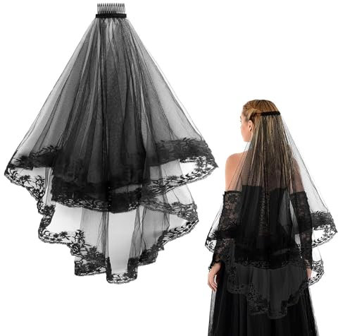 Athem Geisterbraut Schleier Schwarz, Halloween Brautschleier Schleier Spitze, Geisterbraut Kostüm Damen, Halloween-Partyschleier mit Kamm, Hexe Cosplay Schleier zubehör für Frauen und Mädchen