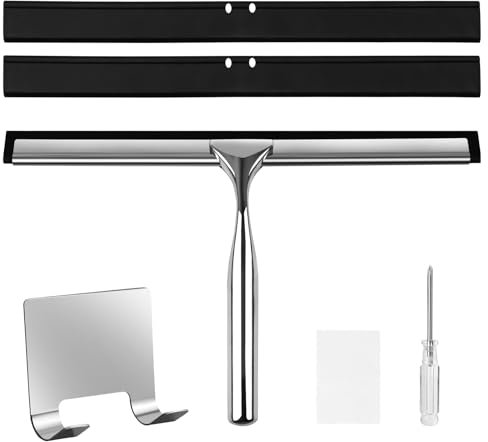 rietegio 25CM Duschabzieher mit Halterung Duschabzieher Edelstahl Handlicher Glaswischer 3 Silikonabstreiflippen und Schraubendreher Handlicher Glaswischer für Bad Küche Spiegel Auto Fenster Putzen