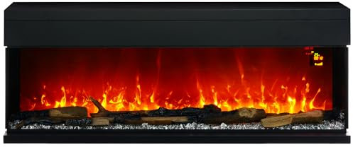 HOMCOM 50''/127cm 3-Sided Electric Fireplace Wall Mounted, Recessed, Insert, Freestanding, Glass Electric Fire with 7 Adjustable LED Flame Effect, Log, Crystal, Remote Control, 1800W, Black