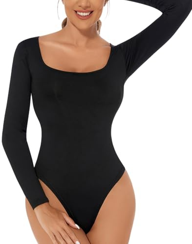 ONEW Body-Hugging Bodysuit Shirt for Women Long Sleeves Square Neck Leotard Top One-Piece Thong Body Suit Black 2XL