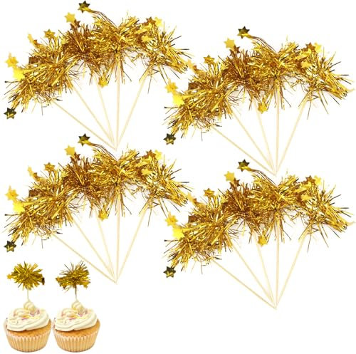 20 Pcs Star Foil Firework Cupcake Toppers,Gold Cake Decorations,Cupcake Decorations,Sparkle Tinsel Cake Toppers,Suitable for Birthday Wedding Party Mothers Day