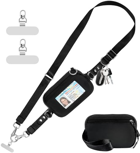 Tiostep Clip and Go Strap for Phone with Wallet Crossbody Phone Lanyard Adjustable and Detachable RFID Wristlet Wallet with ID Window and Zipper, Black
