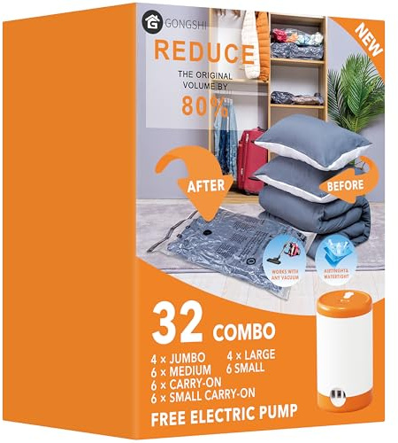 GONGSHI Vacuum Seal Bags for Clothing Travel & Home Storage, Travel Vacuum Bags with Electric Pump,Space Saver for Blankets, Comforters, Pillows, Clothes,32 Combo