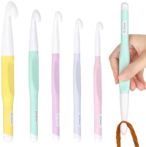 Reessy Crochet Hooks Large 20mm 15mm 12mm 10mm 8mm, Ergonomic Crochet Hooks Set for Chunky Yarn, Non Slip Handle Crochet Hook, Extra Deep Throat Hook for Crochet Blankets, Shawl and Carpet