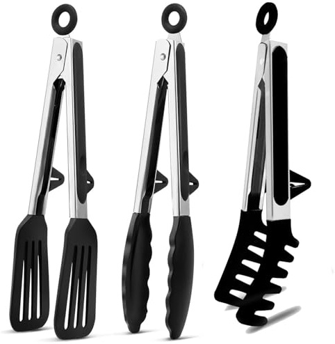 Gebrazy Pinces de cuisine en acier inoxydable, lot de 3 pinces de cuisine, pince à barbecue en acier inoxydable de 27 cm avec support, pince à barbecue en silicone, pince de cuisine, pince en silicone