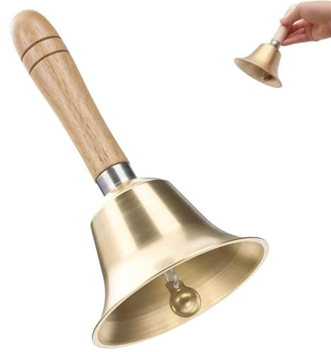 Messing Handglocke, Holzgriff Hand Tischglocke Super Laute Abendessen Glocken Anrufsglocke für Schule Abendessen am Empfang Hotelservice Meditationsgebet (Gold)