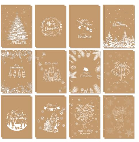 Tarjetas de Navidad Sobres Papel (24 Unidades), Tarjetas Plegables A6, Christmas Cards y Pegatinas, Tarjetas Postales de Navidad Adecuadas Para, Amigos y Compañeros de Trabajo Mini (Cuero de vaca)
