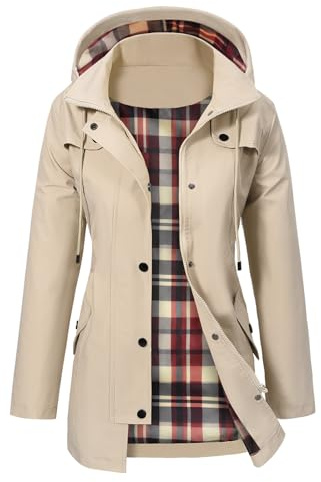 UMIPUBO Womens Waterproof Jackets Long Raincoat Hooded Rain Coats Jacket Ladies Outdoor Windbreaker Long Breathable Windproof Jacket with Pockets Functional Walking Camping Hiking (Khaki, XXL)