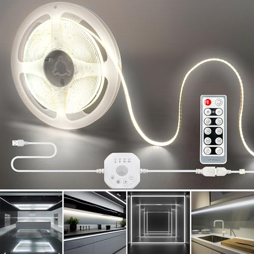 Clearhill 5 V USB COB LED-tejp med rörelsesensor och fjärrkontroll, 16,4 tum/5 m, kall vit 6 500K, 8 mm bredd, 2 ljuslägen dag/natt, justerbar tid och ljusstyrka, för garderob