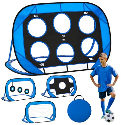 Kids Football Goal 4 Modes, Pop Up Football Target Garden Net Portable Soccer Post with Carry Bag, Gifts for Boys Girls Training Equipment Indoor Outdoor Beach Play Game 120 * 80cm (Blue and Black)