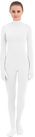 SUPRNOWA Women's Jumpsuit Bodycon Full Body Footed Unitard Long Sleeve Bodysuit with Zipper Comfortable Spandex One-Piece Dance Costume (S, White Footed with Hand)