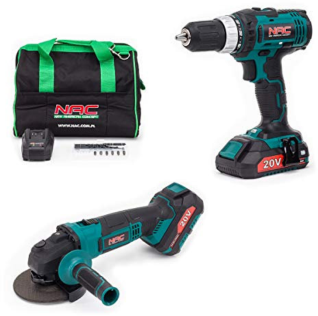 NAC NEW AMERICAN CONCEPT Ensemble de perceuse-visseuse sans fil et meuleuse d'angle 20V - Inclut 2 batteries (2 Ah et 4 Ah), chargeur rapide et sac de transport - Indicateur de niveau de charge